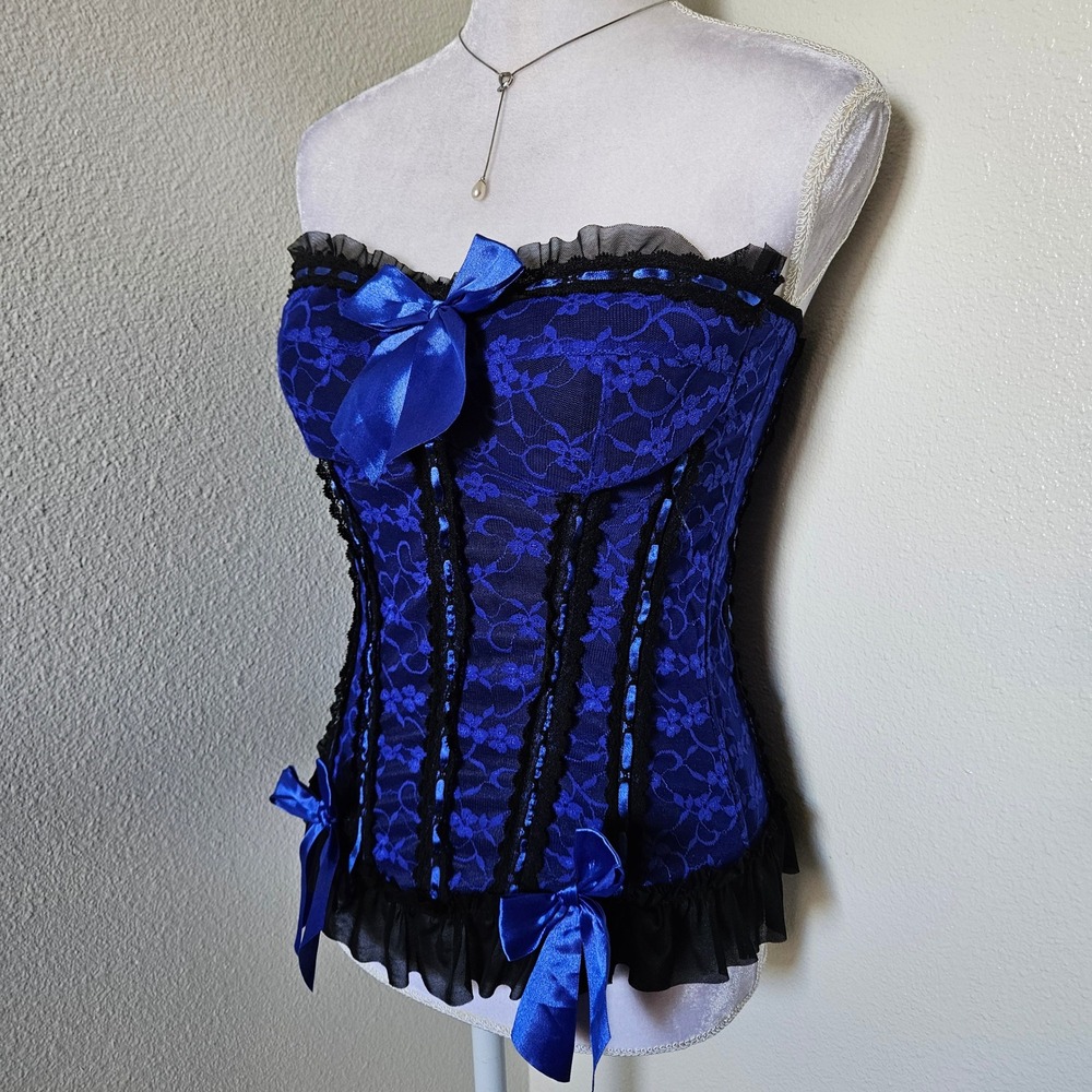 Just Sexy Intimate Blue‎ Floral Lace Corset Top Ruffle Bow Strapless
